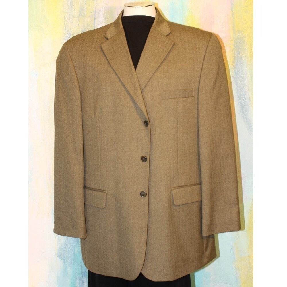 46 HAGGAR Beige Brown Blazer Mini Herringbone Academia Jacket Sport Coat TAN 46L